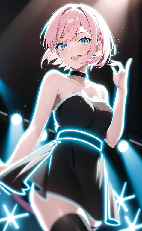 1girl, dancing on stage, short hair, pink hair, blue eyes, black dress, strapless dress, black thighhighs, collarbone, bare shoulders, bare arms, open mouth, smile, spotlight, cinematic lighting <lora:nlc_blue:1.5>