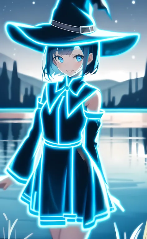 1girl, cowboy shot, standing, short hair, blue hair, blue eyes, witch hat, black dress, collared dress, detached sleeves, long sleeves, bare shoulders, open mouth, smile, nature, lake, water, (night, night sky:1.3) <lora:nlc_blue:1.5>