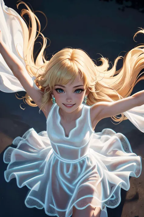 One in a white dress，Loli with blond pupils and long white hair，Not tall，Floating in the air with bare feet。Anime style