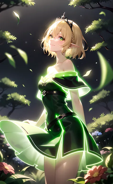 1girl, short hair, blonde hair, green eyes, elf, pointy ears, tiara, black dress, glowing dress, off shoulder dress, strapless dress, short sleeves, miniskirt, collarbone, bare shoulders, bare arms, closed mouth, smile, nature, forest, flower, night, night sky <lora:nlc_green:1>