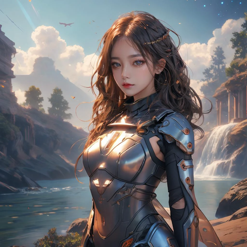 female cyborg,(RAW photo, best quality), (realistic, 4k), high quality,finely detail,fantacy future,realistic,mature,photorealistic,detailed eyes, (highly detailed face), cinematic lighting,(beautiful face),eyes on viewer,<lora:fantasy_20230707233406:0.7>, half body, carbon steel texture <lora:fantasy_toga:0.4> ,<hypernet:longexposure_v01:0.5>,Death Stranding,<lora:nlc_blue:0.4> <lora:LunarPunkAI:0.35>,galaxy,dark hair <lora:mirrornun-noise:0.5> ,<lora:moonriver-noise:0.5> ,<lora:octans-PYNOISE-LOHA:0.5>, standing,((arms behind back)),(leaning forward),(smile:0.75),half dragon half human,wavy hair,mechanical parts,mars, thousand trees