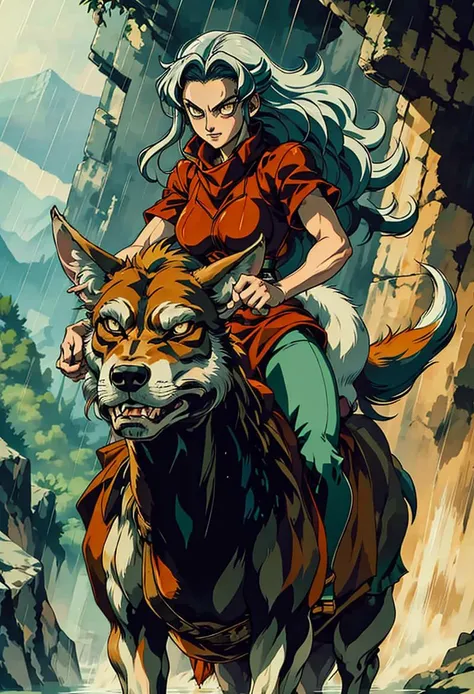 a woman riding on the back of a wolf in the rain with, official art, context art <lora:ghibli:.9> retro anime,