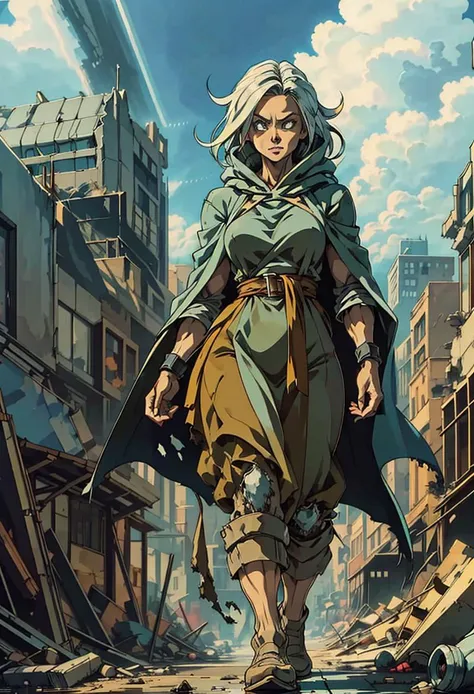 a woman in a hooded cloak walking through a destroyed city street with a large building in the background and a sky filled with clouds, concept art, retrofuturism<lora:ghibli:.9> retro anime,