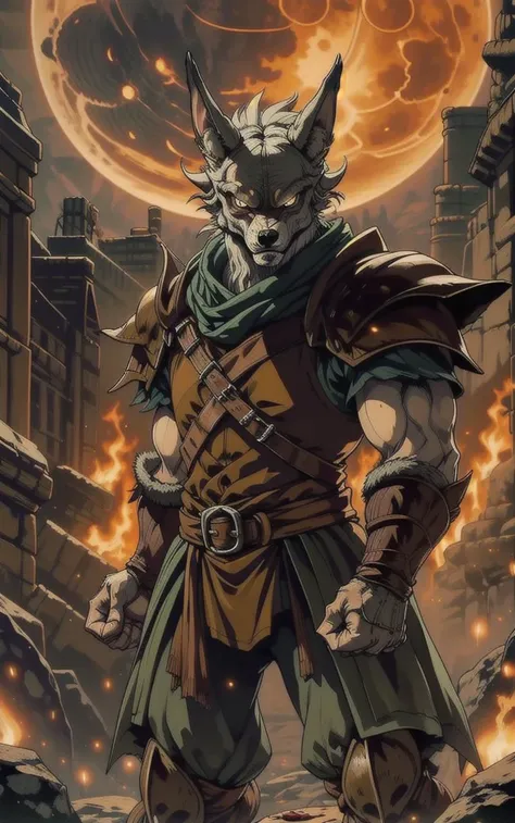 a giant werewolf standing in front of a full moon, armor on arms, bloodborne, furry art, <lora:ghibli:.9>