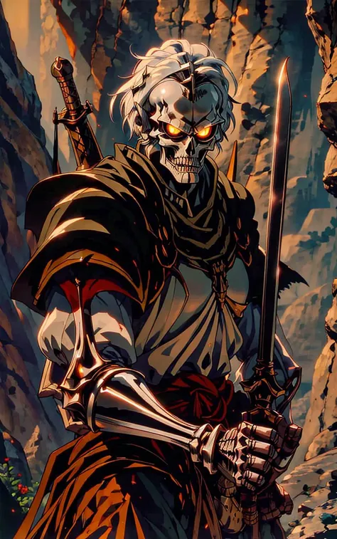 a skeleton knight holding a sword in a castle setting, symbolism, <lora:ghibli:1>