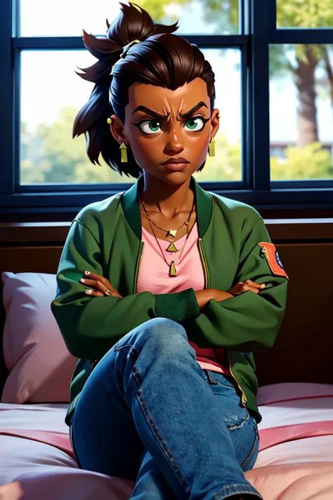 Amber, dark skin, brown hair, ponytail, necklace,earrings,green eyes,green jacket, pink shirt, jeans, shoes, looking at viewer, serious, angry, sitting, on bed, legs crossed, arms crossed, inside bedroom, window, sunny,  high quality, masterpiece,  <lora:Amber-10TI:.7>