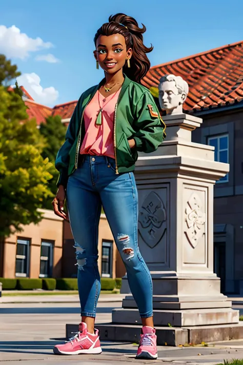 Amber, (dark skin), brown hair, ponytail, necklace,earrings,green eyes,green jacket, pink shirt, jeans, shoes, looking at viewer, smiling, full body shot, standing, outside, university, large statue, blue sky, high quality, masterpiece,  <lora:Amber-10TI:.7>