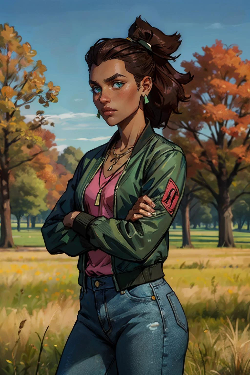 Amber, dark skin, brown hair, ponytail, necklace,earrings,green eyes,pink shirt, green jacket, jeans, looking at viewer, serious, standing, arms crossed, outside, park, field, trees, autumn, blue sky, high quality, masterpiece, <lora:Amber-10TI:.7>