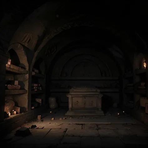 (masterpiece:1.2), (best quality,:1.2), 8k, HDR, ultra detailed, ((photorealistic)), professional light, cinematic lighting, fashion photography, ambient lighting, atmospheric effects, a sinister fantasy catacomb with a sarcophagus, ReDe, <lora:RealmsOfTheDead-10:1>, epiCPhoto