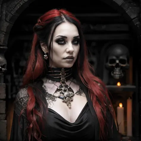 Dramatic and moody atmospheric photography of a wicked faerie woman with blood-red tresses, seated on a throne under the mountain, ruled with an eyebrow piercing into the soul. She wears a ring on her finger, adorned with an eyeball gaze.