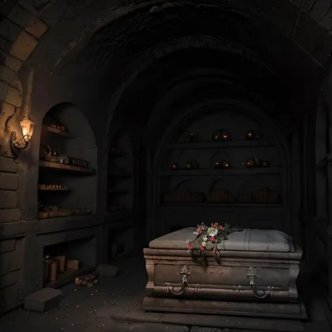 (masterpiece:1.2), (best quality,:1.2), 8k, HDR, ultra detailed, ((photorealistic)), professional light, cinematic lighting, fashion photography, ambient lighting, atmospheric effects, a sinister fantasy catacomb with coffins, skulls, treasure, ReDe, <lora:RealmsOfTheDead-10:1>, epiCPhoto