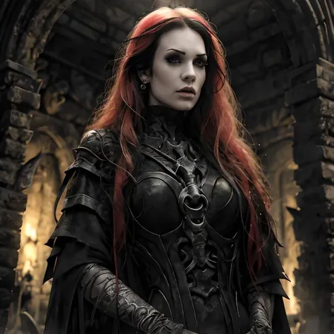 (masterpiece:1.2), (best quality,:1.2), 8k, HDR, ultra detailed, ((photorealistic)), professional light, cinematic lighting, fashion photography, ambient lighting, atmospheric effects, Starfu,<lora:Starfu-10:1>, choker, earrings, dark makeup, long and messy hair, as a necromancer, wearing intricate robe and cloak, in a sinister fantasy catacomb with open graves, treasure, skull columns, ReDe, (Style-Necromancy:0.65), (DarkFantasy:0.2), <lora:RealmsOfTheDead-10:0.8>, darkpriest, <lora:Clothing - Dark Priest:0.6>, epiCPhoto
