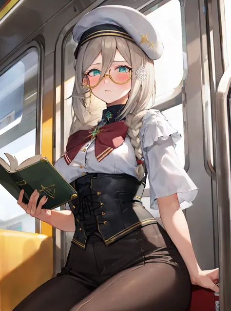 masterpiece, detailed, high quality, absurdres, aiaamare, 1girl, solo, blush, glasses, round eyewear, single braid, medium breasts, curvy, wide hips, groin, white beret, bow, bowtie, corset, luggage, train interior, sitting, reading, holding book,
