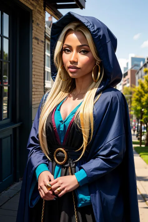 hdr, a candid photo of nickiminaj, rpgshadow, blonde hair, gold earrings, wearing a cloak and hood, outside, park, sunny, blue sky, natural lighting, looking at camera, serious, <lora:nickiminaj:.8>, extremely detailed,