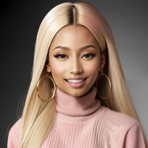 hdr, a portrait photo of nickiminaj, blonde hair, gold earrings, wearing a pink turtleneck, looking at camera, smiling, simple background<lora:nickiminaj:1> extremely detailed,