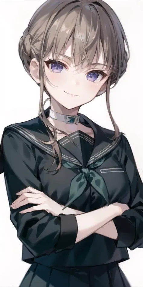 manaka nemu, 1girl, solo, school uniform, serafuku, purple eyes, smile, brown hair, crossed arms, black serafuku, choker, bangs, looking at viewer, white background, simple background, blunt bangs, upper body, hair bun, <lora:nemu_v1:1.0>