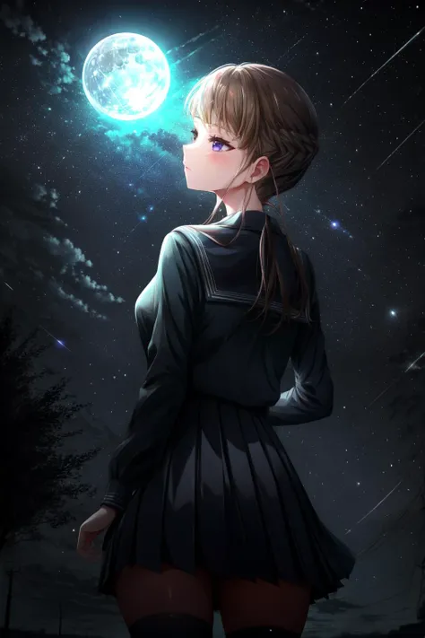 hairbun,Highly detailed, High Quality, Masterpiece, beautiful, 1girl,, from behind, <lora:DarkIncursioStyle:1> night, (dark environment), outdoors, beautiful art, night sky, moon, <lora:nemu_v1:1> manaka nemu, brown hair, purple eyes, blunt bangs, school uniform, neckerchief, hair bun, sidelocks, long hair,black thighhighs, trees, looking at sky, <lora:1more_details:0.5> , well drawn fingers,