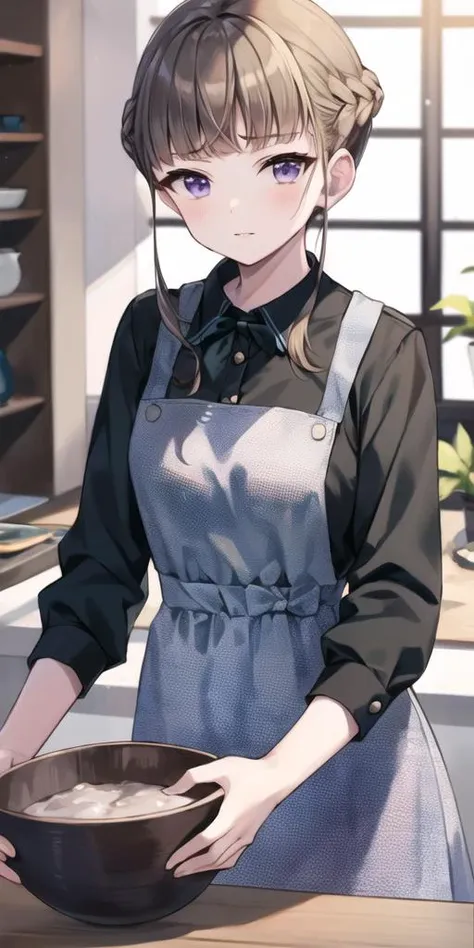 manaka nemu, 1girl, apron, black bow, bow, braid, green shirt, indoors, light brown hair, parted lips, plaid, plaid apron, purple eyes, shirt, solo, brown hair, black shirt, kitchen, bangs, hair bun, sidelocks, standing, single hair bun, looking at viewer, plant, blunt bangs, sleeves past elbows, bowl, skirt, mixing bowl, breasts, french braid, closed mouth, blonde hair,<lora:nemu_v1:1.0>