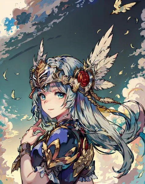 masterpiece, best quality, lenneth flying through the sky, silver helmet with gold trimming, happy, beautiful eyes, smile, swirling clouds, rainbow theme, feathers falling,
<lora:QuickHandsV2_D:0.5> <lora:LennethV2:1>