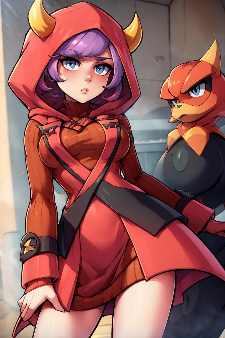 <lora:twistedscarlett60_style:0.8>,((masterpiece, best quality)), <lora:CourtneyLora-10:0.7>, courtney \(pokemon\), sweater dress, ribbed dress, hood, fake horns, uniform,
