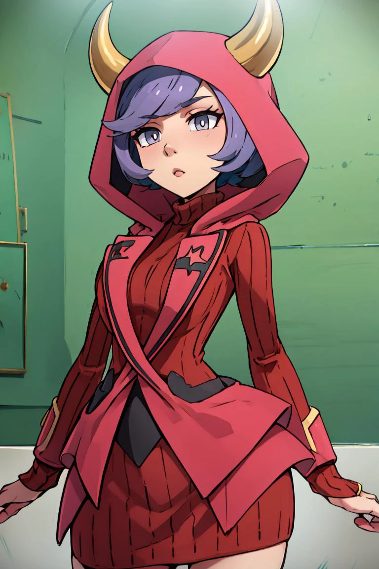 <lora:Alola_Style:0.5>,((masterpiece, best quality)), <lora:CourtneyLora-10:0.7>, courtney \(pokemon\), sweater dress, ribbed dress, hood, fake horns, uniform,