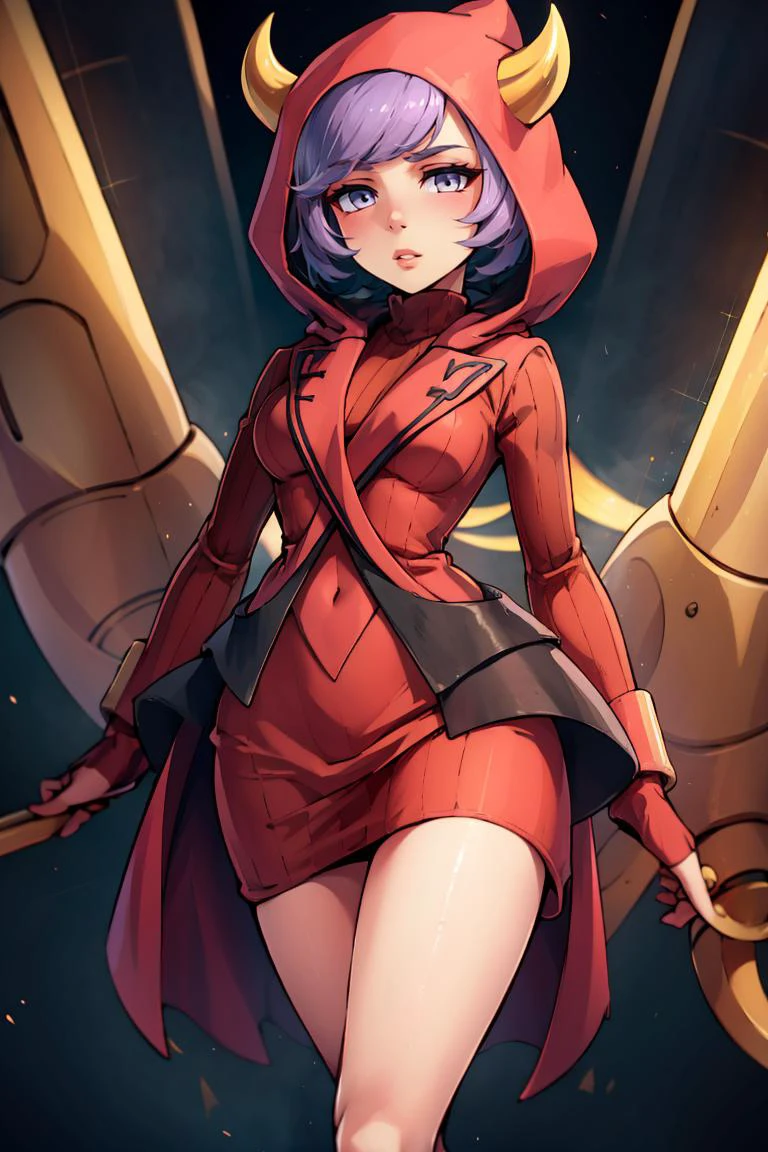 ((masterpiece, best quality)), <lora:CourtneyLora-10:0.7>, courtney \(pokemon\), sweater dress, ribbed dress, hood, fake horns, uniform,