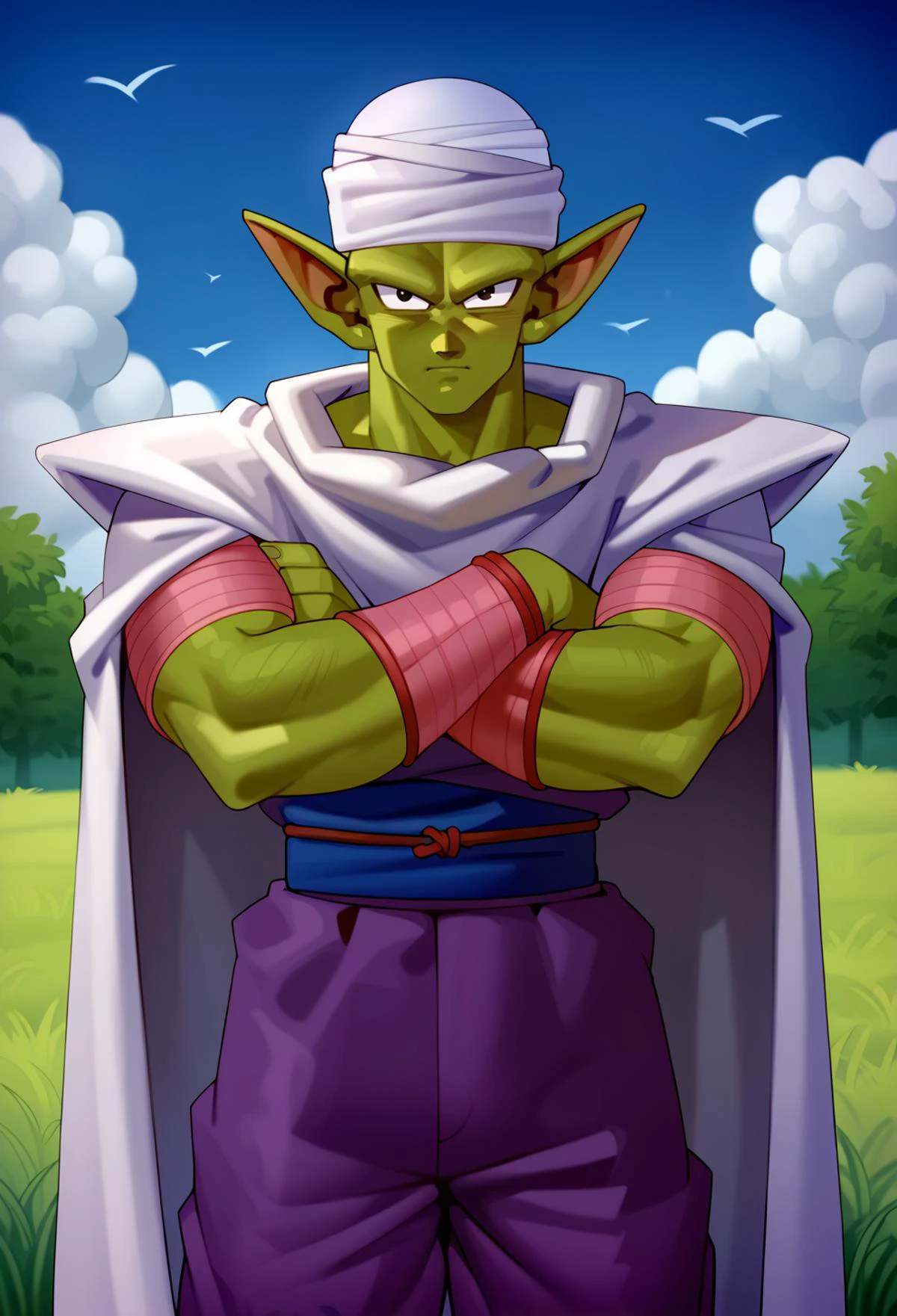 score_9, score_8_up, score_7_up, score_6_up, score_5_up, score_4_up,source_anime, piccolo, 1boy, male focus, solo, green skin, pointy ears, black eyes, purple pants, crossed arms, standing, purple dougi,white cape,outdoors, grass, tree, pink patches, cloudy sky,night, blue sky, white turban,blue sash,looking at viewer , <lora:Piccolo_Test:0.6>, simple background, dynamic pose, <lora:Lunas-Kairunoburogu-SDXL-A1:1>, Kairunoburogu