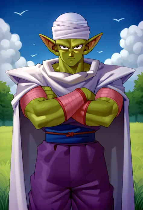 score_9, score_8_up, score_7_up, score_6_up, score_5_up, score_4_up,source_anime, piccolo, 1boy, male focus, solo, green skin, pointy ears, black eyes, purple pants, crossed arms, standing, purple dougi,white cape,outdoors, grass, tree, pink patches, cloudy sky,night, blue sky, white turban,blue sash,looking at viewer , <lora:Piccolo_Test:0.6>, simple background, dynamic pose,  <lora:Lunas-Kairunoburogu-SDXL-A1:1>, Kairunoburogu