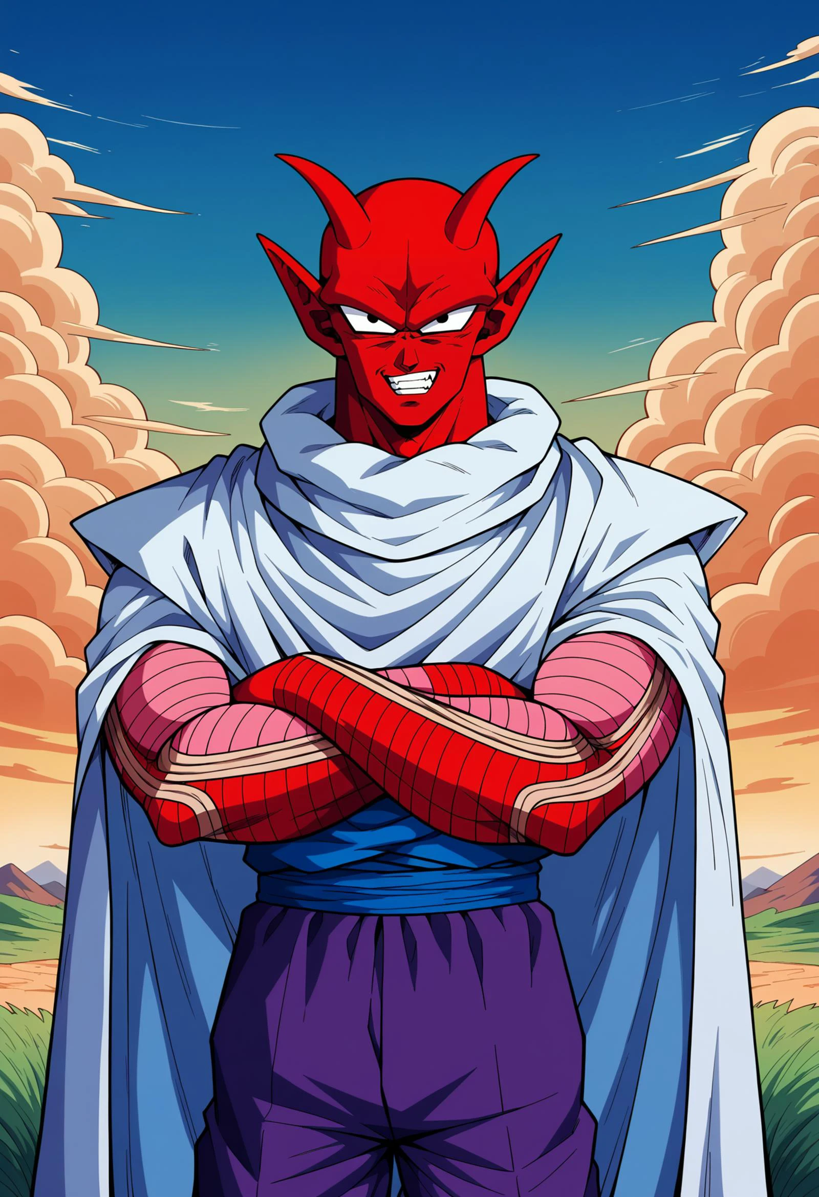 score_9, score_8_up, score_7_up, score_6_up, score_5_up, score_4_up,source_anime, piccolo, 1boy, male focus, solo, green skin, pointy ears, black eyes, purple pants, crossed arms, standing, purple dougi,white cape,outdoors, grass, tree, pink patches, cloudy sky,night, blue sky, white turban,blue sash,looking at viewer , a muscular alien with red skin , solo, ancient chinese temple, piccolo, white cape, pointy ears,(purple dougi), (red skin:1.2), pants,pink patches,blue sash, cowboy shot, angry man, red pupil, angry, grin, arms down, detailed eyes,villain, high definition, serious expression, (horns, monster, creature, devil, the devil:1.2) poster, in the style of james jean, deathcore, [john pitre], detailed atmospheric portraits, horror art, dark and intricate, dark azure and red, witchcore,  <lora:Piccolo_Test:0.8>
