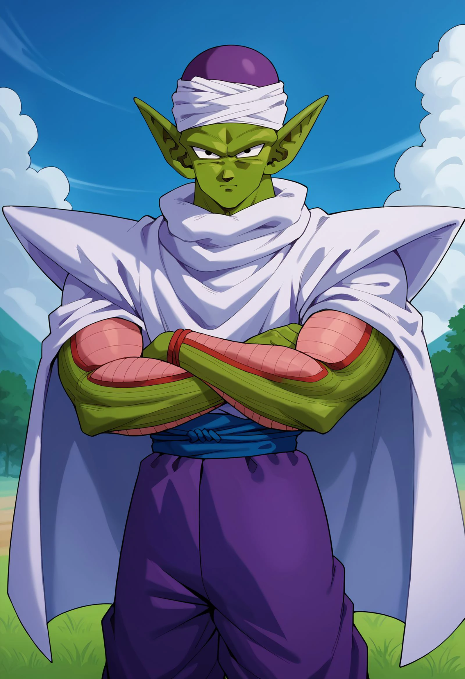 score_9, score_8_up, score_7_up, score_6_up, score_5_up, score_4_up,source_anime, piccolo, 1boy, male focus, solo, green skin, pointy ears, black eyes, purple pants, crossed arms, standing, purple dougi,white cape,outdoors, grass, tree, pink patches, cloudy sky,night, blue sky, white turban,blue sash,looking at viewer , a muscular alien with red skin , solo, ancient chinese temple, piccolo, white cape, pointy ears,(purple dougi), <lora:Piccolo_Test:0.9>, simple background, dynamic pose, <lora:Lunas-Kairunoburogu-SDXL-A1:1>