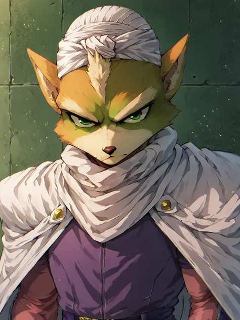 <lora:Fox_McCloud_Pony:0.6> fox mccloud, furry, green eyes, <lora:Piccolo_v0_9:1> green skin, pointy ears, pink patches, purple pants, serious, white cape, white turban, standing, <lora:add-detail-xl:1>, <lora:xl_more_art-full_v1:1>, Highly Detailed, score_9, score_8_up, score_7_up, score_6_up, score_5_up