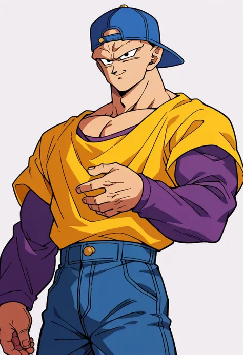 score_9, score_8_up, score_7_up, score_6_up, score_5_up, score_4_up,source_anime, piccolo, 1boy, male focus, solo, yellow t-shirt, purple sleeves, blue baseball cap, backwards hat, jeans <lora:Piccolo_Test:1.0>, dragon ball, toriyama akira \(style\), 1990s \(style\),