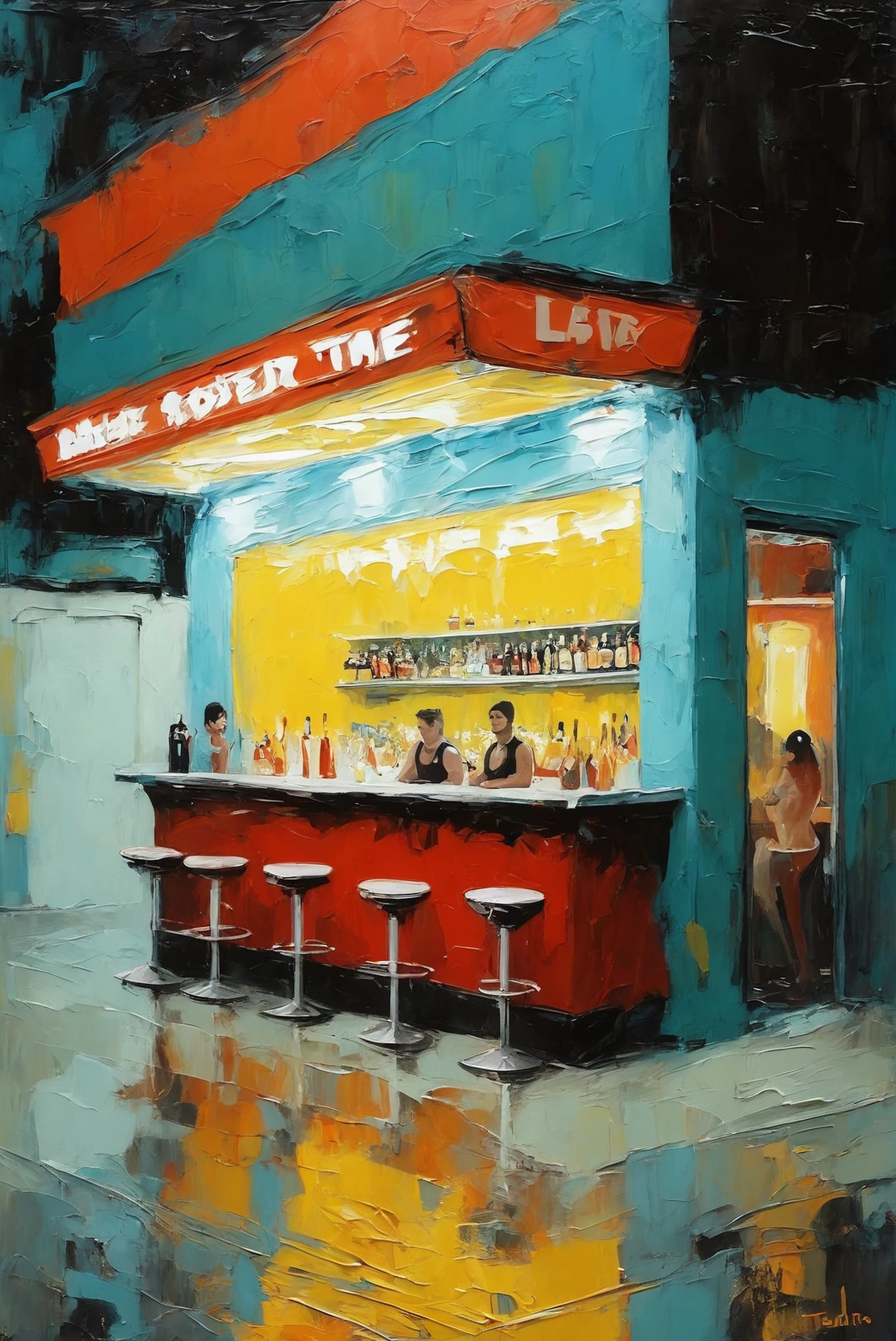 <lora:EnvyStarlightThickOilPainting01:1.5>oil painting, palette knife, lusty military scifi, neoclassical dive bar in a empty scifi city outside of time, masterpiece