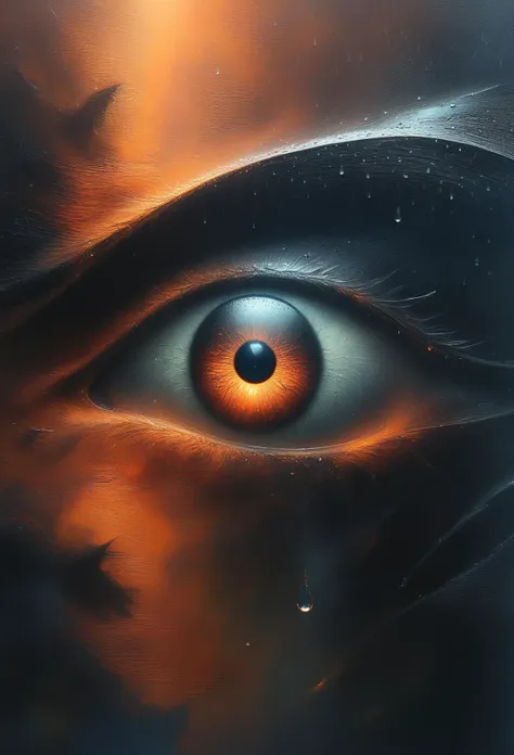 score_9, score_8_up, score_7_up, score_6_up, best quality, abusrdes, surreal, concept art, oil painting, (evil eye of sauron in rain drop:1.3), orange iris, dark pupil, eyelashes, looking at viewer, evil eye is watching you be careful, dark fantasy, horror \(theme\), creepy, gloomy, dark magic luming inside rain drop, glossy, detailed reflections
very aesthetic, dark, night, darkness, nsfw, uncensored, detailed, red and black color guide, primary colors, limited palette
chiaroscuro, low-key, inspired by Lord of the Rings and J. R. R. Tolkien, no no humans
<lora:RMSDXL_Creative:0.5> <lora:PerfectEyesXL:0.35> perfecteyes <lora:hand 4:0.2> <lora:ral-rndrps-sdxl:0.8> ral-rndrps
intricate, fine details, extreme close-up, macro shot, focus on eye, centered, sharp focus, ambient occlusion, subpixel articulation, subsurface scattering, refraction, <lora:Bio-Luminescence:0.2> glowing <lora:tbh258-sdxl:0.4> Diablo <lora:tbh295-sdxl:0.3> style of H. R. Giger <lora:envyStarlightThickOil_01v10:0.8> palette knife <lora:Creative_Style_RMSDXL_Enhance:0.3> <lora:TheWeirdies:0.2> TheWeirdies, <lora:sdxl_lora_beksinski:0.25> digital artwork by Beksinski