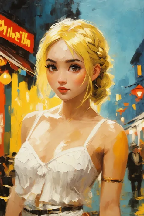 <lora:EnvyStarlightThickOilPainting01:1.5>oil painting, palette knife, cinematic still, dwarfpunk, anime style, 1girl, woman, (sharp Roaring 20s:1.3) cute angel, [:creative, formal costume design,:0.2], bombshell hair, gold hair, Dutch Braid, slim, atheletic figure, narrow waist, small breasts, (asian:1.3), treehouse café in a quantum fantasy metropolis outside of time, masterpiece