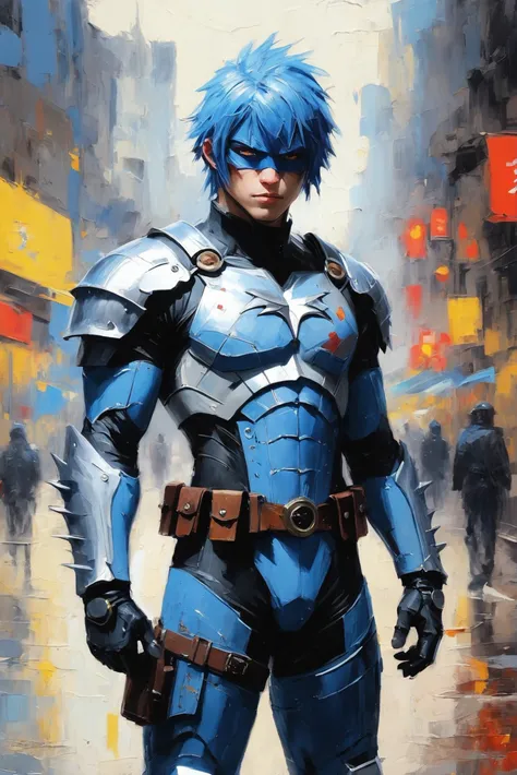 <lora:EnvyStarlightThickOilPainting01:1.25>oil painting, palette knife, cinematic still, military, anime style, bizarro world man, (full body:1.2), 1boy, man, ruggedly handsome, solo, [:creative costume design,:0.2] FBI Agent, (spiked mithril plate helmet,bracers,greaves,gauntlets:1.2), chinese, light slateblue hair, (solid:1.1) build, amazing,wonderous fantasy metropolis outside of time