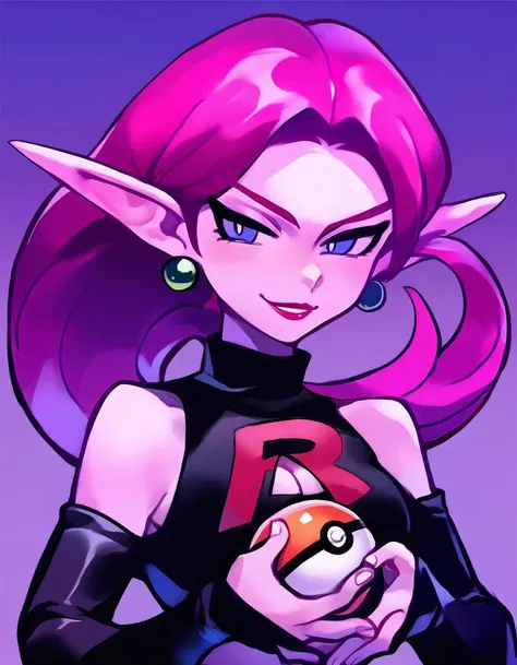 score_9,score_8_up,score_7_up,score_6_up,score_5_up,score_4_up,by nemlei,1girl,bare shoulders,cleavage,simple background,<lora:akai_sashimi_pony_v1:0.6>,(blushing:0.5),<lora:ponyxl-the_coffin_of_andy_and_leyley-style-v03:0.6>,Jessie from Pokemon,night elf,holding a pokeball,team rocket,source_anime,