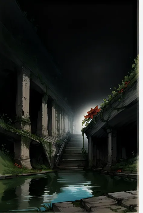 score_9,score_8_up,score_7_up,score_6_up,score_5_up,score_4_up flower,outdoors,water,no humans,plant,red flower,scenery,stairs,ruins,vines,moss,overgrown,stone stairs <lora:ponyxl-the_coffin_of_andy_and_leyley-style-v03:0.6> by nemlei,the coffin of andy and leyley, <lora:Syvaron:0.8> <lora:[GP]Thicc Style XL:0.8>,large breasts, black background, traditional media,<lora:Diathorn_SDXL_Pony:0.8> by Diathorn, rimlight, gradient background,