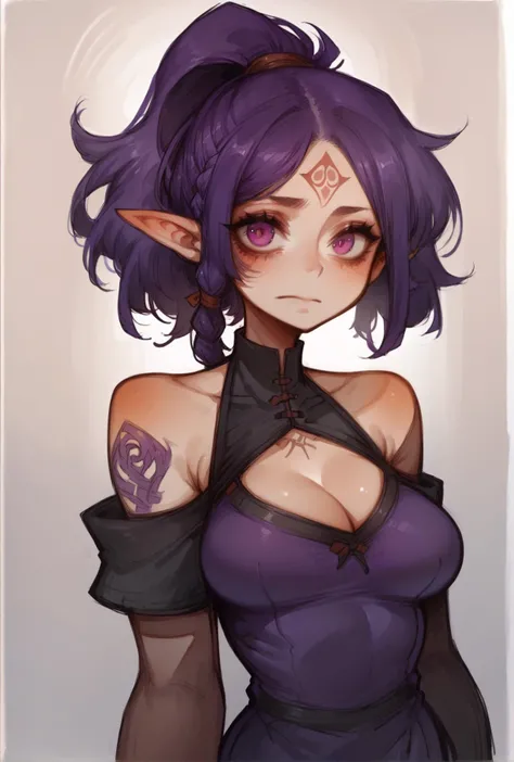 score_9,score_8_up,score_7_up,score_6_up,score_5_up,score_4_up 1girl,solo,long hair,breasts,looking at viewer,dress,cleavage,bare shoulders,medium breasts,closed mouth,upper body,ponytail,purple hair,braid,pointy ears,tattoo,glowing,colored skin,facial mark,elf,glowing eyes,forehead mark,purple skin,purple lips,long pointy ears <lora:ponyxl-the_coffin_of_andy_and_leyley-style-v03:0.6> by nemlei,the coffin of andy and leyley, <lora:Syvaron:0.8> <lora:[GP]Thicc Style XL:0.8>,(large breasts:0.7),traditional media, rimlight, gradient background <lora:ponydiffusionv6_2000s_emo:0.8> 2000s emo