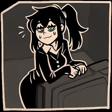 score_9,score_8,score_7,source_general,
by nemlei,the coffin of andy and leyley,framed,
1girl,mrs. graves,mature female,black hair,green eyes,exhausted,bags under eyes,side ponytail,standing,leaning forward,happy,looking at viewer,sweatdrop,basement,office lady,black vest,white long sleeve shirt,
<lora:ponyxl-the_coffin_of_andy_and_leyley-style-v03:1>