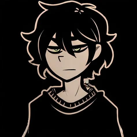 monochrome,tcoaal, Solo, looking at viewer, short hair, , 1boy, hair between eyes, closed mouth, Black hair, Green eyes, Tank top, upper body, (Armpit), ahoge, Belt, male focus, black background, messy hair, bright pupils, outline, white pupils, black shirt, white outline,