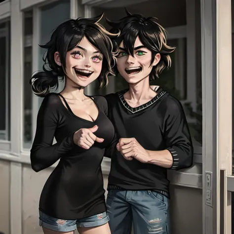 score_9,score_8,score_7,
1girl,1boy,smile,ashley graves,standing,laughing,outdoors,black shirt,cleavage,medium breasts,shorts,short shorts,realistic,pink eyes,looking at viewer,
andrew graves,standing,yelling,outdoors,black shirt,pants,realistic,green eyes,looking at viewer,window,
side-by-side,
<lora:ponyxl-the_coffin_of_andy_and_leyley-style-v03:1>
<lora:Photo Style LoRA XL:1>