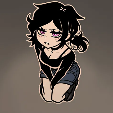 score_9,score_8,score_7,by nemlei,the coffin of andy and leyley, 1girl,ashley graves,black hair,pink eyes,ponytail,black shirt,bra strap,black choker,shorts,boots,expressionless,kneeling from above,pov,looking away,averting eyes,bored,open mouth,caught,blush,hand between legs,implied masturbation,motion lines,rubbing,looking looking at viewer, simple background,gradient background, <lora:ponyxl-the_coffin_of_andy_and_leyley-style-v03:1> long sleeves,medium breasts, [denim shorts,short shorts,:0.2],