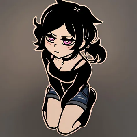 score_9,score_8,score_7,by nemlei,the coffin of andy and leyley, 1girl,ashley graves,black hair,pink eyes,ponytail,black shirt,bra strap,black choker,shorts,boots,expressionless,kneeling from above,pov,looking away,averting eyes,bored,looking down,blush,hand between legs,implied masturbation,motion lines,rubbing,looking looking at viewer, simple background,gradient background, <lora:ponyxl-the_coffin_of_andy_and_leyley-style-v03:1> long sleeves,medium breasts, [denim shorts,short shorts,:0.2],