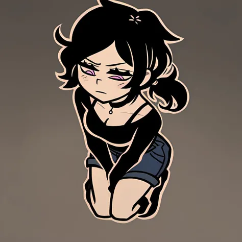 score_9,score_8,score_7,by nemlei,the coffin of andy and leyley, 1girl,ashley graves,black hair,pink eyes,ponytail,black shirt,bra strap,black choker,shorts,boots,expressionless,kneeling from above,pov,looking away,averting eyes,bored,looking down,blush,hand between legs, simple background,gradient background, <lora:ponyxl-the_coffin_of_andy_and_leyley-style-v03:1> long sleeves,medium breasts, [denim shorts,short shorts,:0.2],