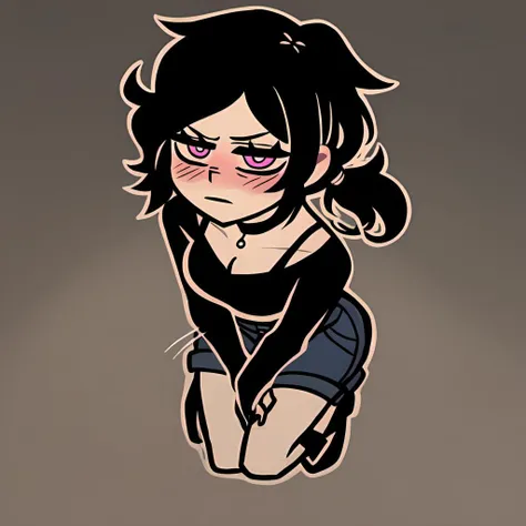 score_9,score_8,score_7,by nemlei,the coffin of andy and leyley, 1girl,ashley graves,black hair,pink eyes,ponytail,black shirt,bra strap,black choker,shorts,boots,expressionless,kneeling from above,pov,looking away,averting eyes,bored,closed mouth,caught,averting eyes,blush,hand between legs,female masturbation,motion lines,rubbing,looking looking at viewer,full-face blush, simple background,gradient background, <lora:ponyxl-the_coffin_of_andy_and_leyley-style-v03:1> long sleeves,medium breasts, [denim shorts,short shorts,:0.2],