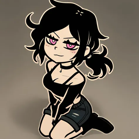score_9,score_8,score_7,by nemlei,the coffin of andy and leyley,
1girl,ashley graves,black hair,pink eyes,ponytail,medium breasts,messy hair,
black shirt,bra strap,black choker,shorts,boots,long sleeves,black shorts,bare shoulders,collarbone,
expressionless,blush,smile
kneeling,from above,seiza,
looking at viewer,
simple background,gradient background,grey background,bedroom,bed,
<lora:ponyxl-the_coffin_of_andy_and_leyley-style-v03:1>
<lora:ponyxl-all_the_way_to_the_base-concept-v01:1>