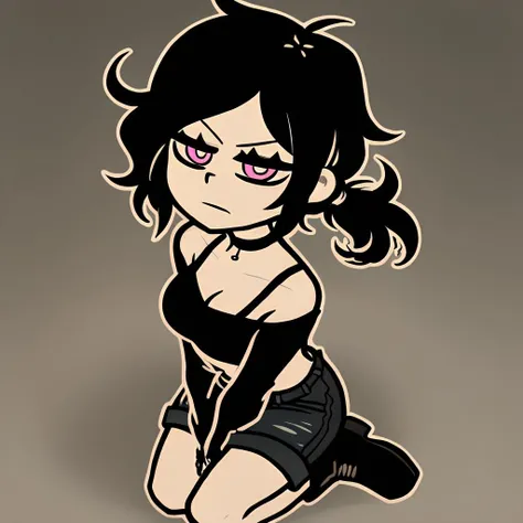 score_9,score_8,score_7,by nemlei,the coffin of andy and leyley,
1girl,ashley graves,black hair,pink eyes,ponytail,medium breasts,messy hair,
black shirt,bra strap,black choker,shorts,boots,long sleeves,black shorts,bare shoulders,collarbone,
expressionless,bored,
kneeling,from above,seiza,
looking at viewer,
simple background,gradient background,grey background,bedroom,bed,
<lora:ponyxl-the_coffin_of_andy_and_leyley-style-v03:1>
<lora:ponyxl-all_the_way_to_the_base-concept-v01:1>