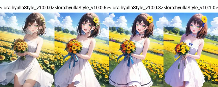 1girl, dress, flower, solo, yellow flower, holding, bouquet, outdoors, brown hair, holding bouquet, smile, looking at viewer, open mouth, sky, sleeveless, sleeveless dress, white flower, white dress, parted bangs, field, collarbone, day,  shoulders, bangs, flower field, :d, yellow dress, bow, ribbon, frills, green eyes, sundress, standing, medium hair, blue sky, frilled dress,  arms, orange flower
<lora:hyullaStyle_v10:0.0>