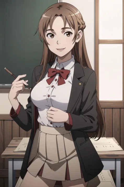 ((best quality)), ((highly detailed)), masterpiece, (detailed eyes, deep eyes), (1girl),
((woman)) (((big breasts))),miniskirt, yuuki asuna, brown hair, brown eyes, long hair, braid, black jacket, school uniform,, looking at viewer, classroom, smile micro mini skirt, solo, seductive, gorgeous flowing hair, emphasis lines,((city:1.2)) <lora:royta v1.1:0.5> <lora:Kizuki - Sword Art Online - Yuuki Asuna:1>